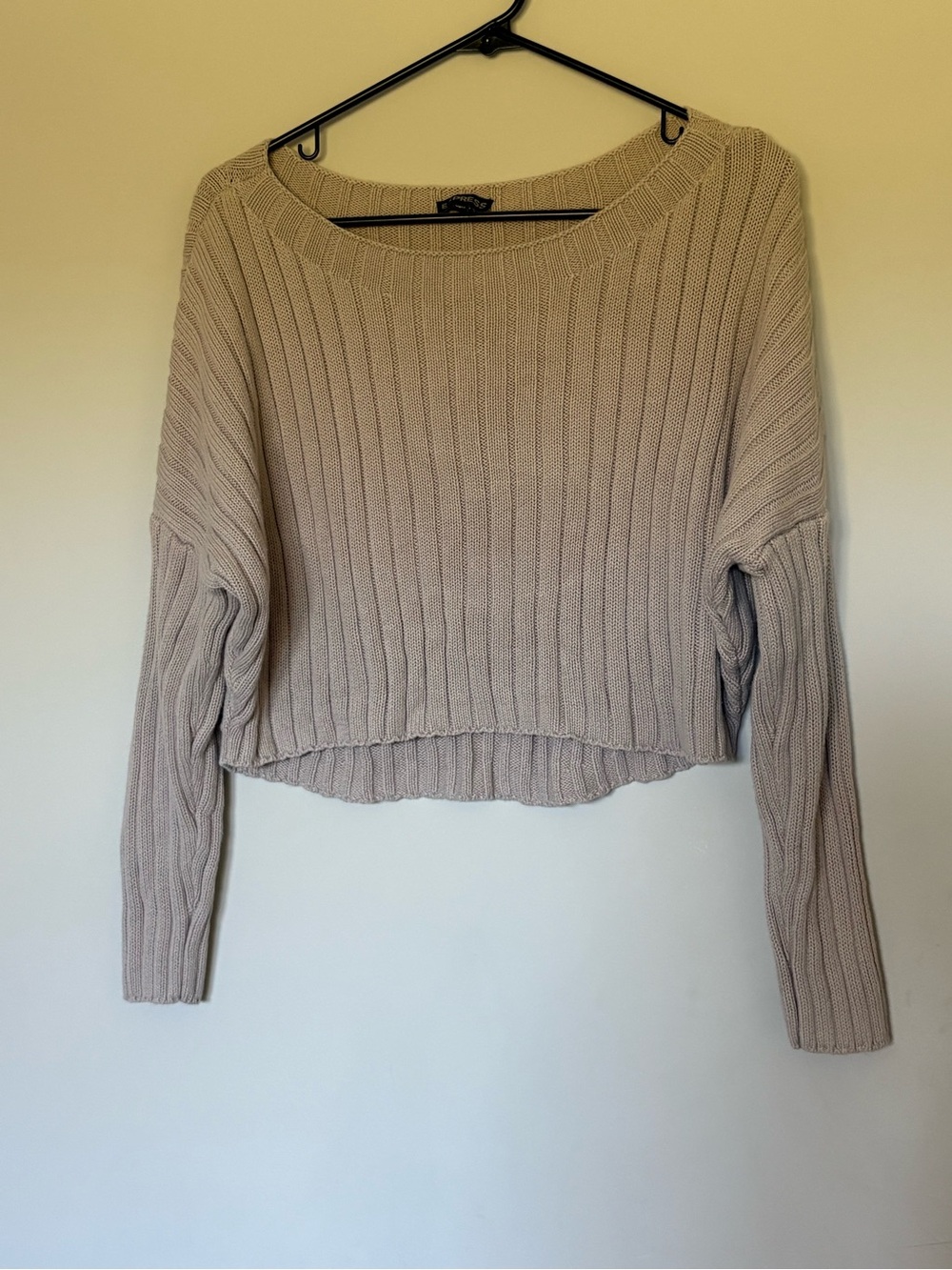 Express Beige Ribbed Cropped Scoop Neck Sweater